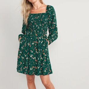 Green Floral Fit & Flare Long Sleeve Smocked Mini Dress XXL Tall
